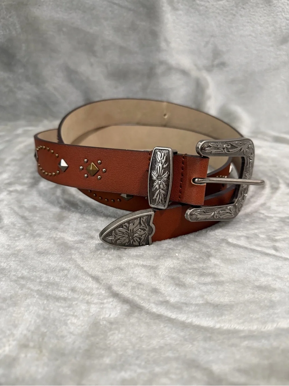 Western Brown Faux Leather Belt-Studded, Silver Buckle